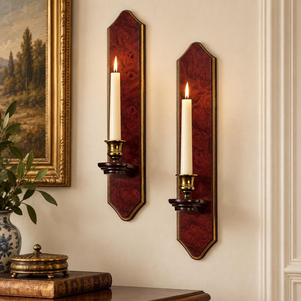 Vintage Faux Burl Wood Wall Candle Sconces Pair Brass Holders Burgundy Gold Trim